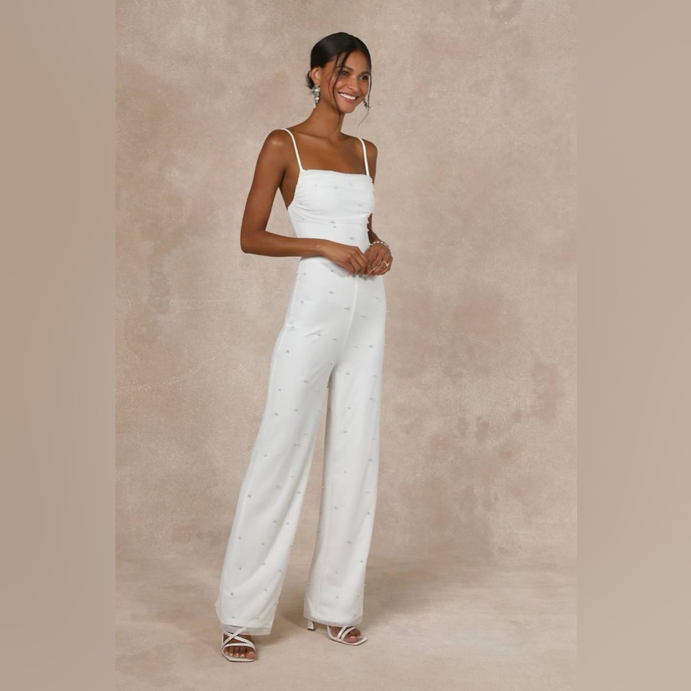 Lulus Unbelievably Divine White Mesh Pearl Lace-Up Jumpsuit